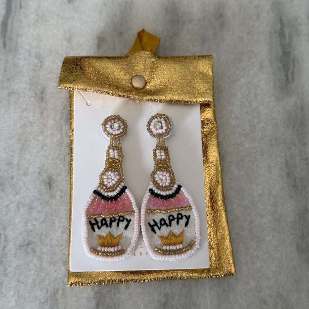 Simply Southern Happy Champagne Bottle Earrings Sequins Beaded Dangles Posts